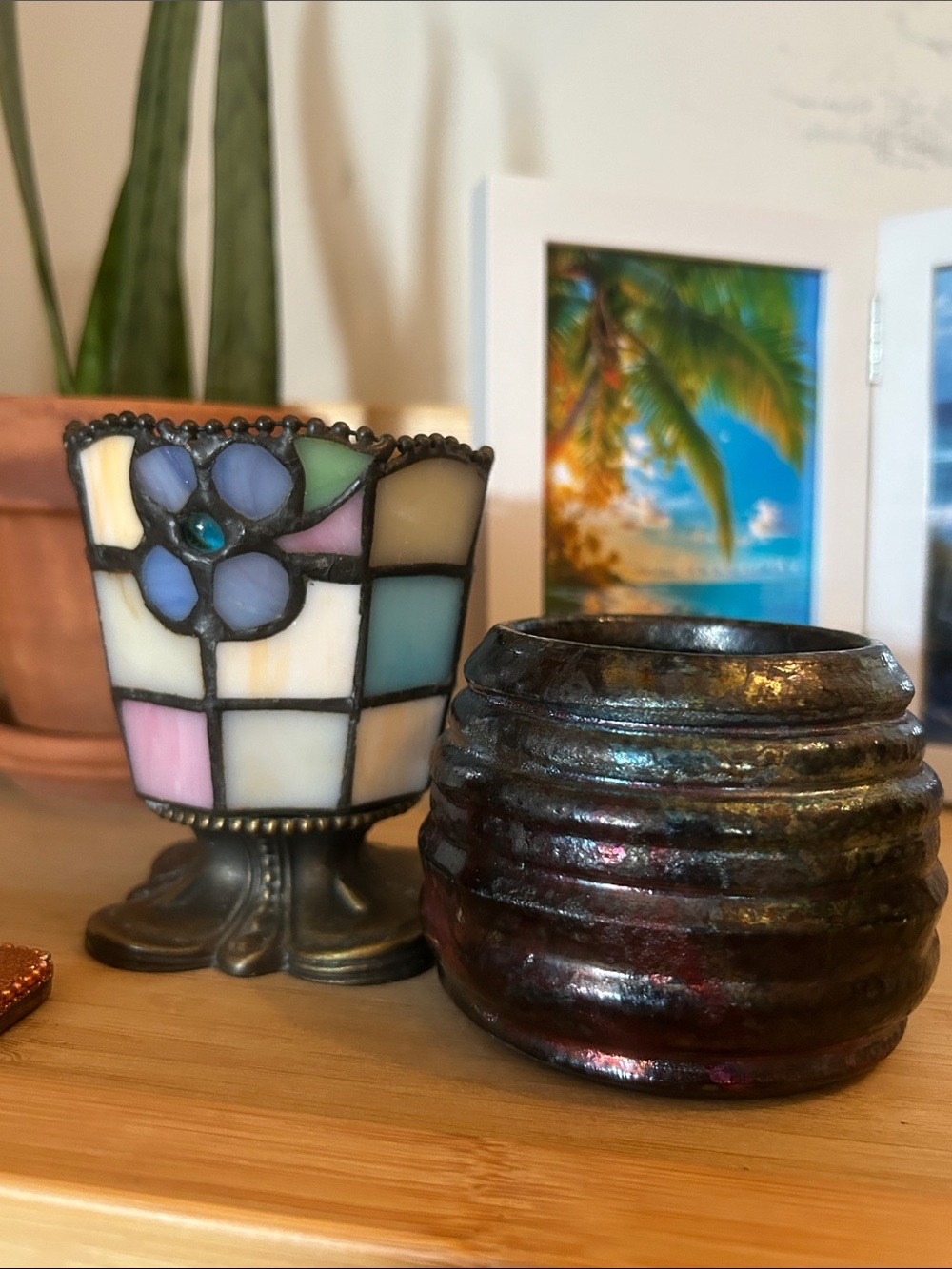 LAST CHANCE‼️ Stained Glass Mosaic candle holder & Raku Succulent Planter